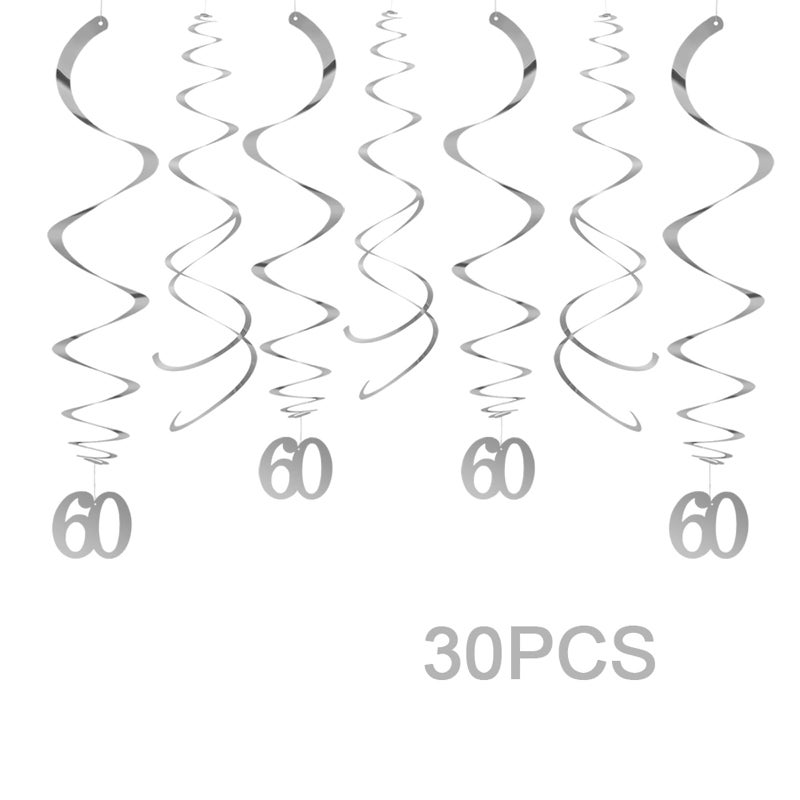 AimtoHome Party Swirl Decorations, Silver 60th Birthday Swirl Decoration, 60th Anniversary Ceiling Hanging Party Swirl Decoration, Pack of 30 - Image 2